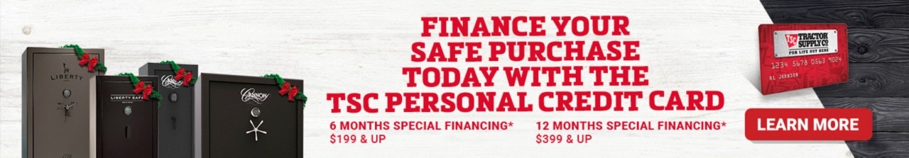 Finance Your Safe Purchase Today with the TSC Personal Credit Card. Six Months $199 and up, twelve months $399 and up. Learn More.