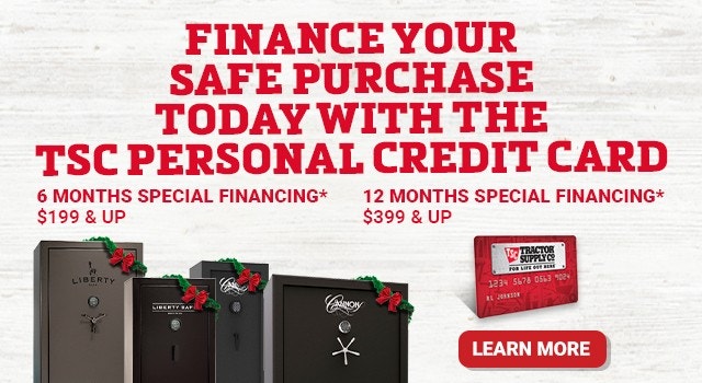 Finance Your Safe Purchase Today with the TSC Personal Credit Card. Six Months $199 and up, twelve months $399 and up. Learn More.