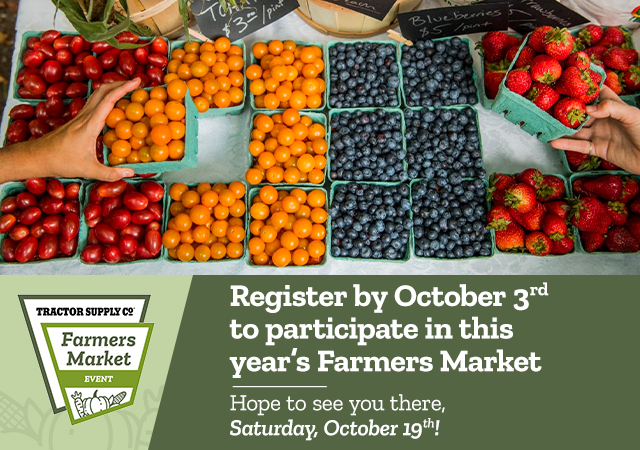 Register by October 3rd to participate in this year's Farmers Market. Hope to see you there, Saturday, October 19th!