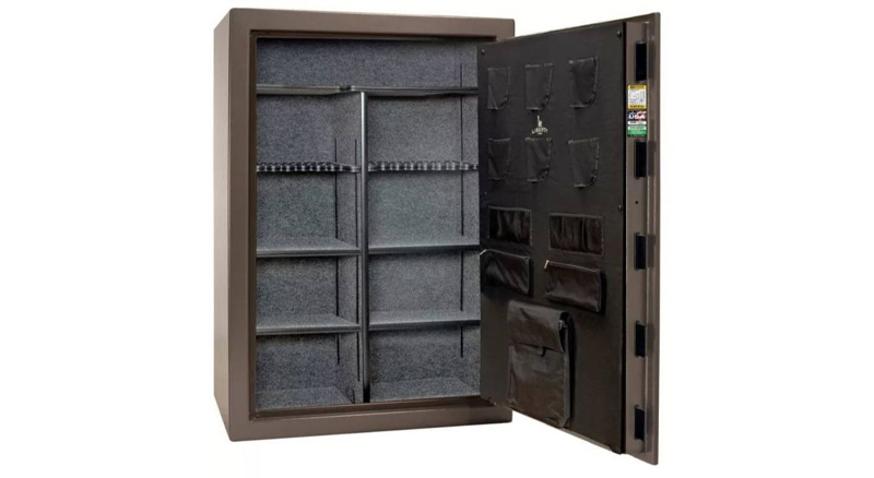Empty brown gun safe with ample storage for firearms and other valuables