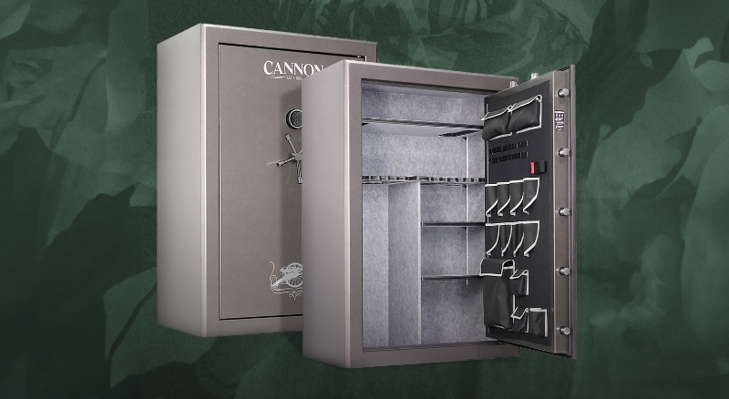Two shots of silver-gray Cannon gun safe, showing gun safe closed and open with empty shelves and compartments